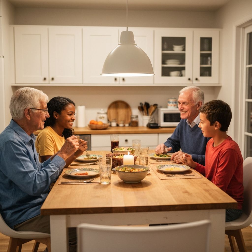 Obitelj se hrani zajedno pri stolu s toplom atmosferom